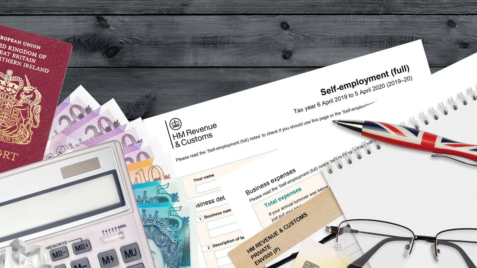Self-employment forms with HM Revenue Customs documents and UK currency representing UK spouse visa financial requirements 2025 process