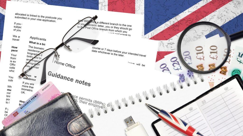 UK immigration documents including Home Office guidance forms residence permit and British currency representing staying in UK after divorce visa 2025 options including ILR parent route and domestic violence exception