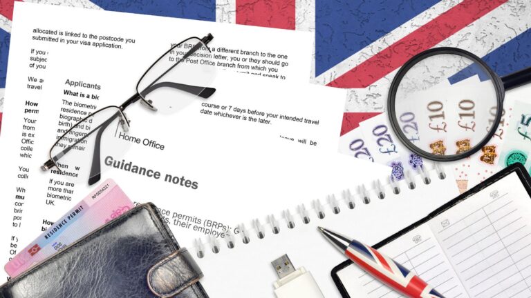 UK immigration documents including Home Office guidance forms residence permit and British currency representing staying in UK after divorce visa 2025 options including ILR parent route and domestic violence exception
