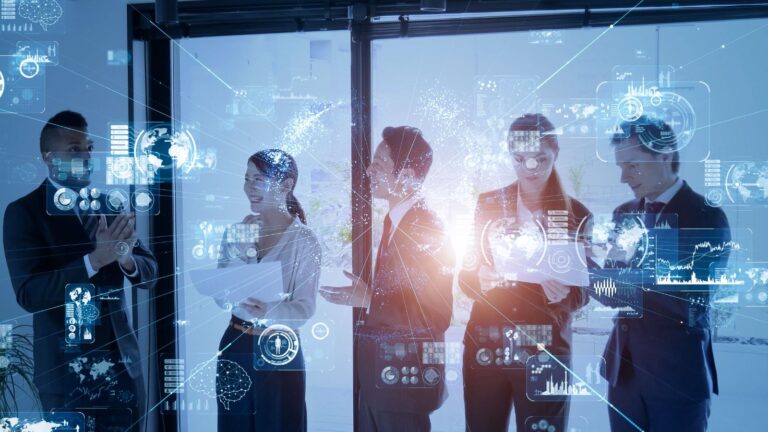 Professional team with digital transformation overlay representing switching student visa to skilled worker visa UK 2025 transition and workplace integration process
