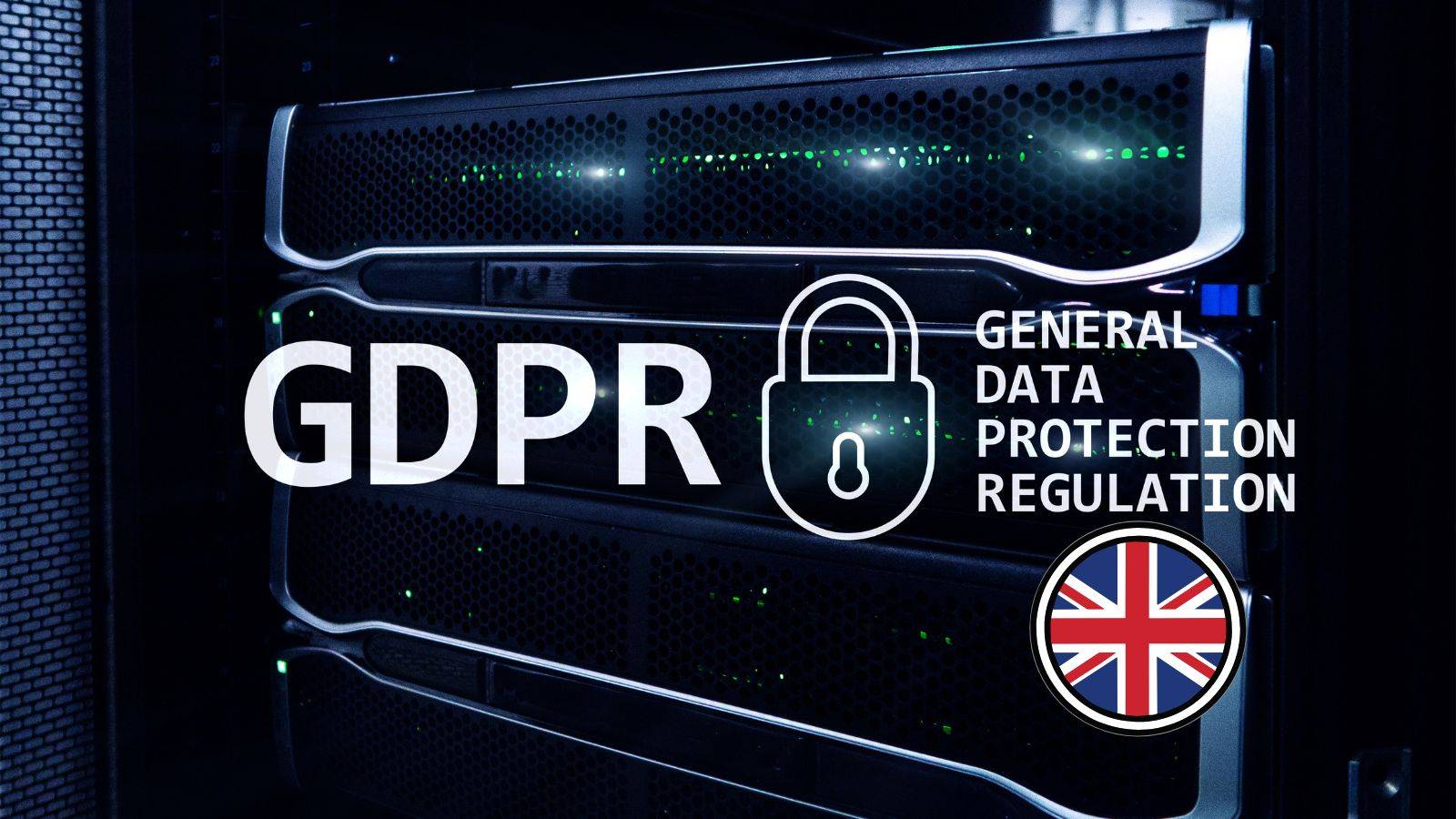 GDPR text on digital cybersecurity server with padlock and UK flag representing UK data protection 2025 compliance requirements