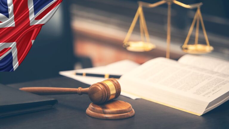 UK legal symbols with Union Jack gavel scales of justice and documents representing immigration judicial review UK 2025 court processes