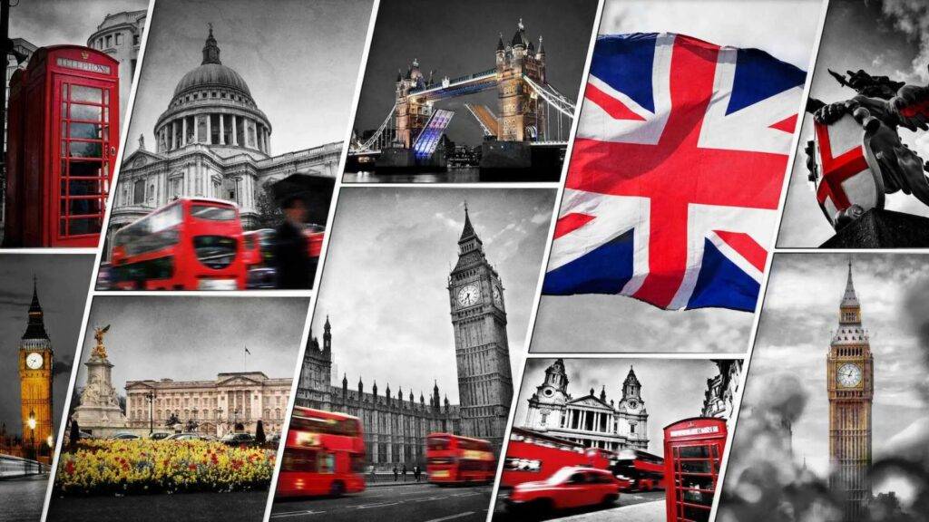 UK landmarks collage featuring Big Ben Tower Bridge and Union Jack representing invitation letter for UK visa requirements and destination guidance