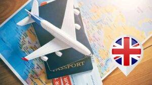 UK flag pin with airplane passport and maps representing UK travel document visa free countries 2025 destination planning and travel guide