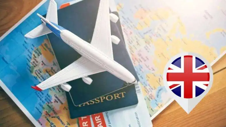 UK flag pin with airplane passport and maps representing UK travel document visa free countries 2025 destination planning and travel guide