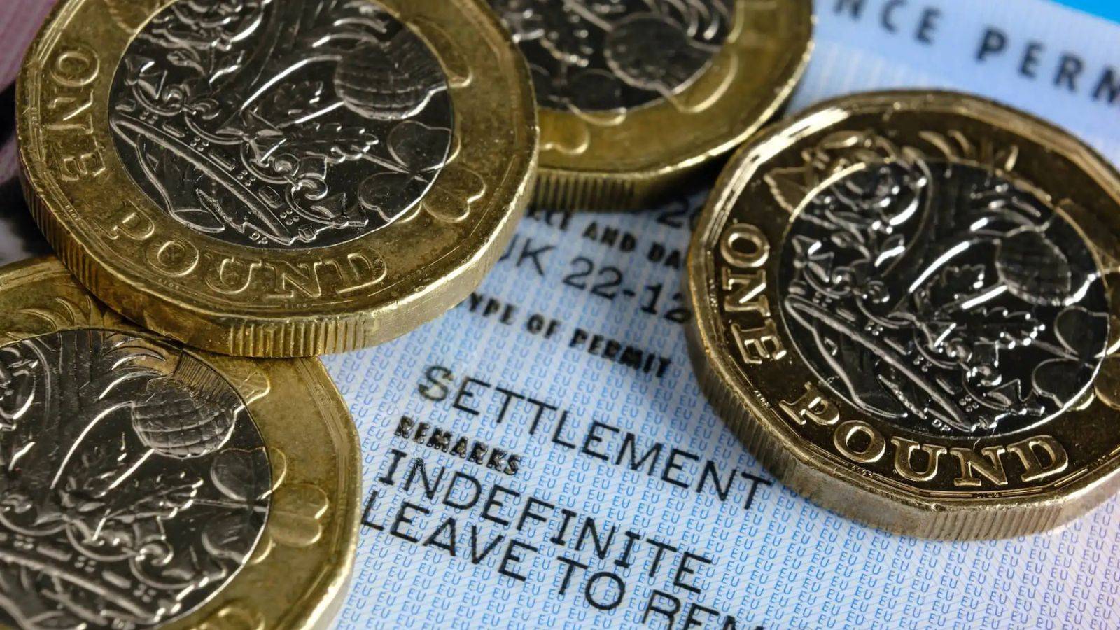 UK pound coins on official immigration document showing home office fee waiver applications 2025 financial requirements and procedures