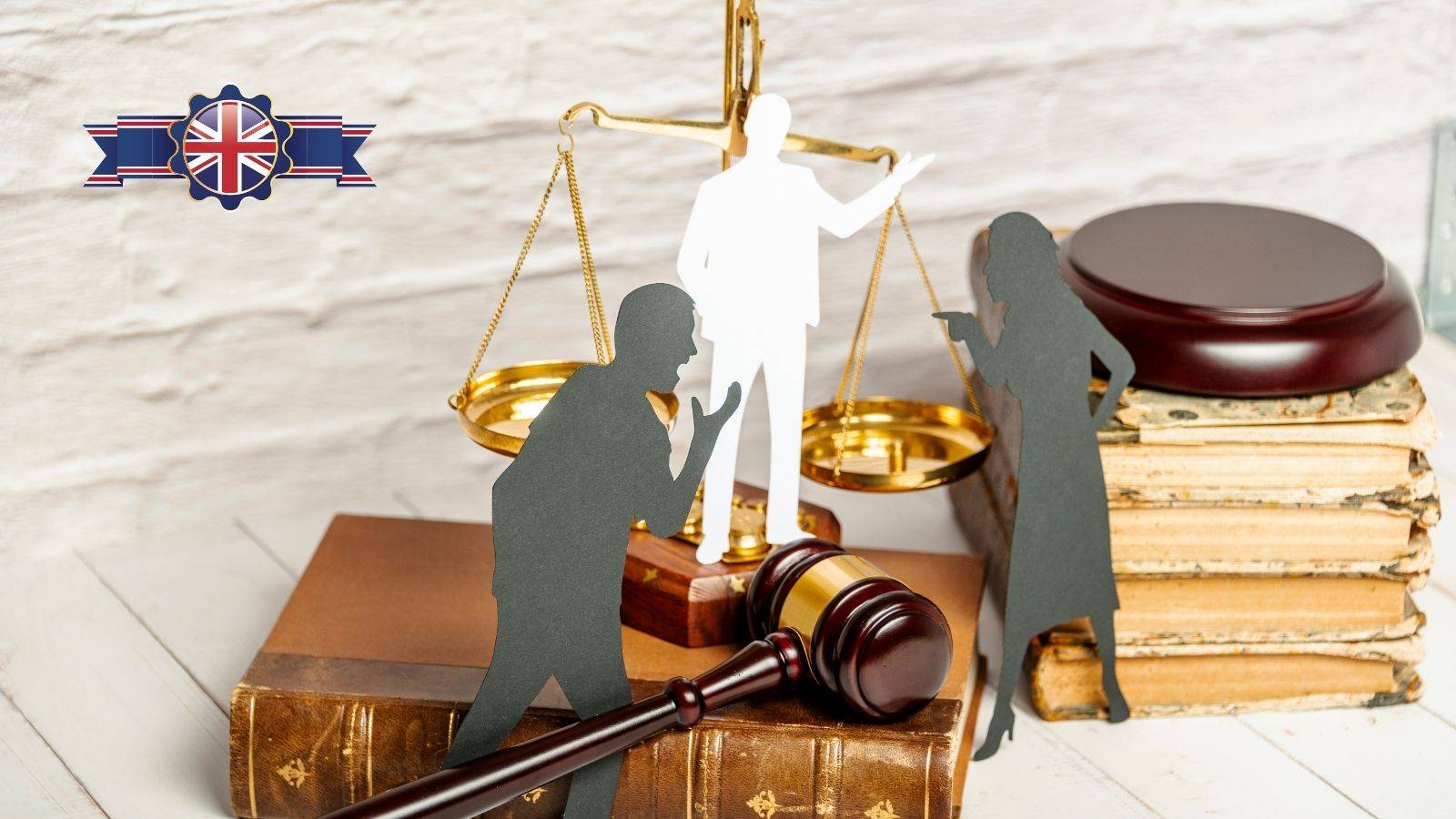 Scales of justice with UK flag badge and separated couple silhouettes representing clean break orders UK divorce financial settlement balance and legal proceedings