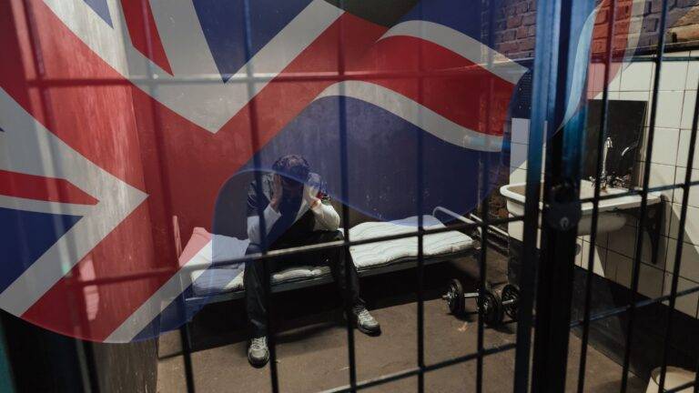 Person in detention cell behind bars with UK flag representing immigration detention discrimination UK 2026 Equality Act protections