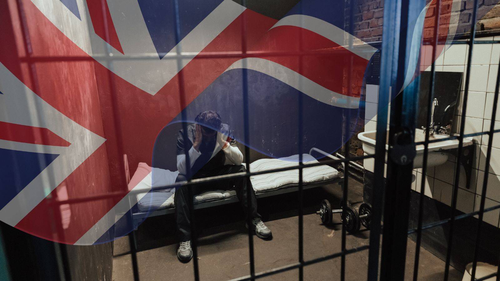 Person in detention cell behind bars with UK flag representing immigration detention discrimination UK 2025 Equality Act protections