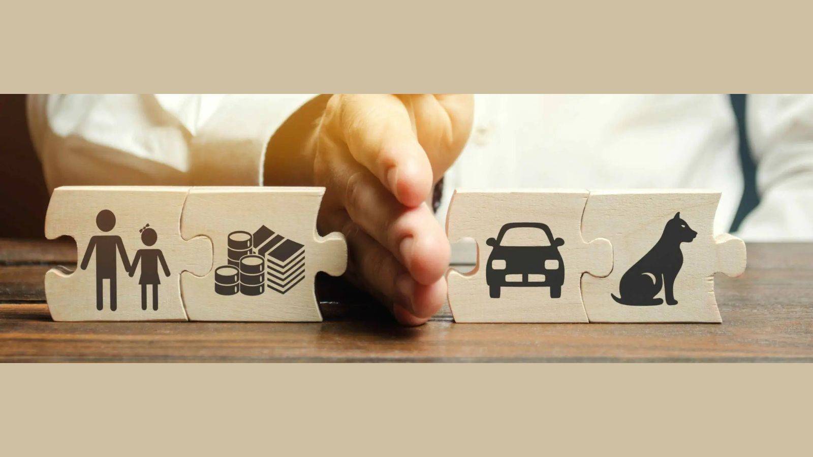 Hand arranging wooden puzzle pieces showing family finances car and pet icons representing practical steps to divorce UK 2025 essential action checklist for organizing separation