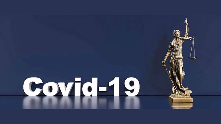 COVID-19 legal response UK timeline represented by Covid-19 text with Lady Justice statue symbolizing comprehensive legal framework developments immigration law business insurance court transformation 2020-2025