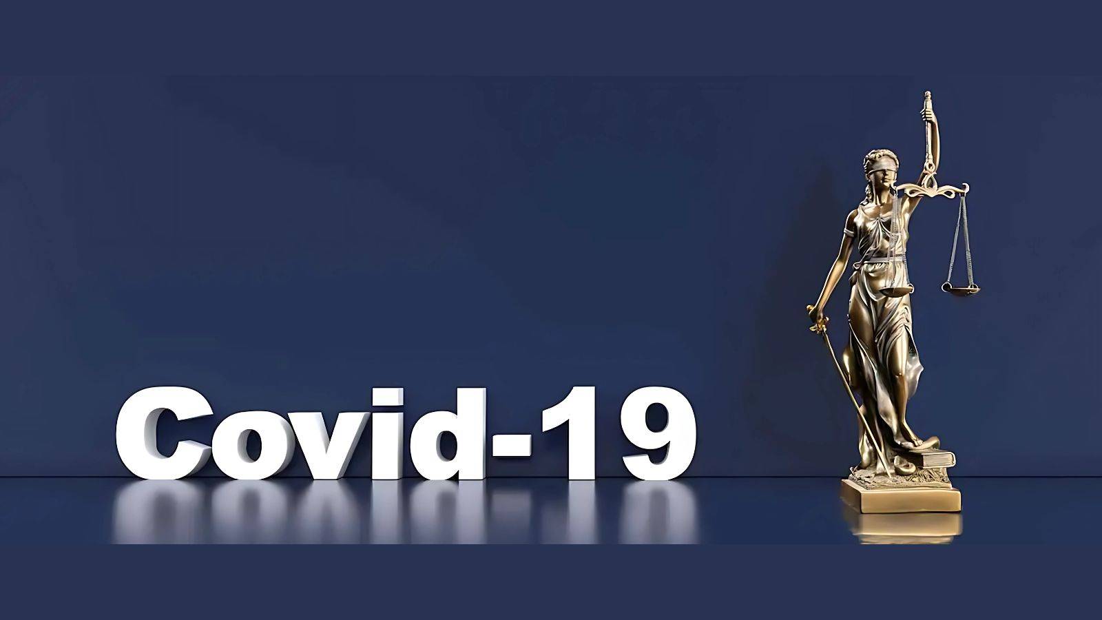 COVID-19 legal response UK timeline represented by Covid-19 text with Lady Justice statue symbolizing comprehensive legal framework developments immigration law business insurance court transformation 2020-2025