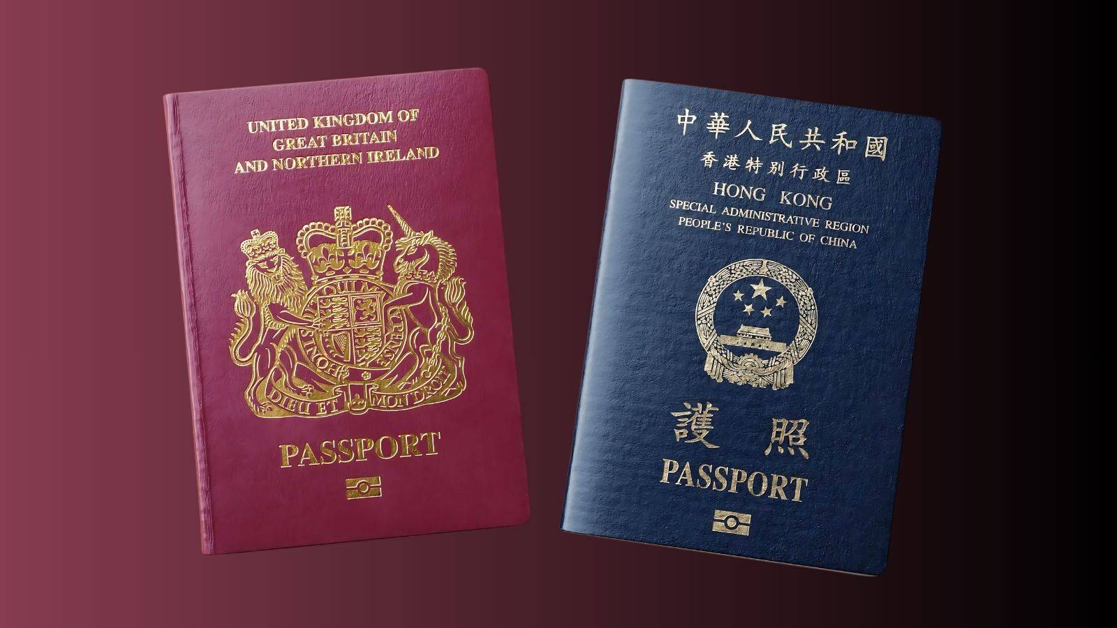 UK and Hong Kong SAR passports on burgundy gradient background representing hong kong bno visa 2025 documentation and dual status requirements