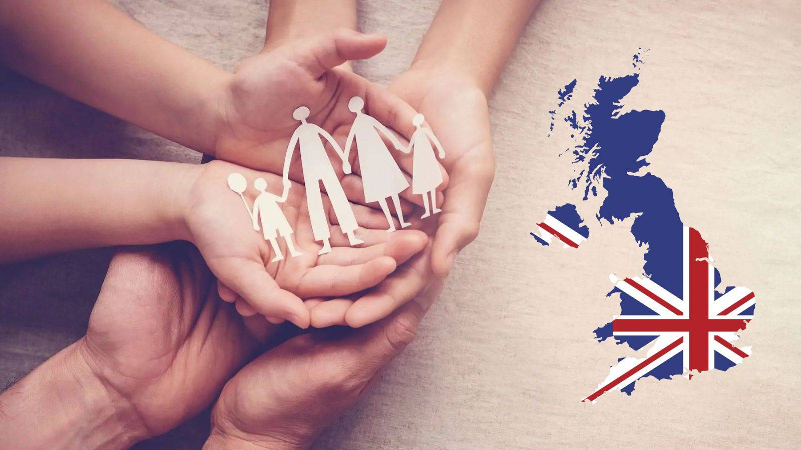 Hands protecting paper family figures with UK flag overlay representing Appendix FM exceptional circumstances 2025 family protection