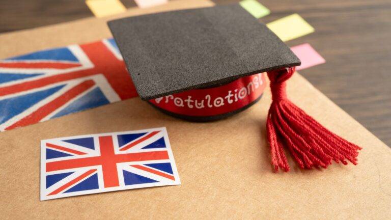 Graduation cap with Union Jack flag cards representing UK post study work visa 2025 opportunities for international students