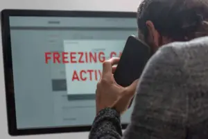 Person on phone viewing computer screen with freezing order notification representing bank account freeze UK 2025 discovery and urgent response