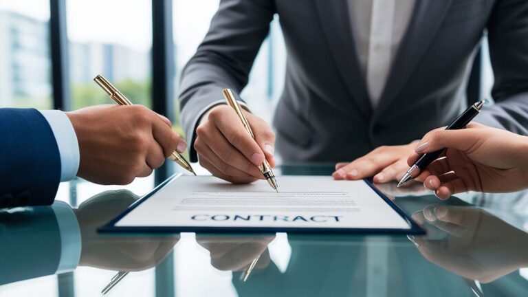 Multiple business people signing contract document with pens representing guarantor loans claims UK 2025 borrower and guarantor agreement process