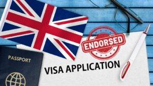 UK flag with passport and endorsed stamp representing UK visa endorsement requirements 2025 approval process for Global Talent and Innovator Founder visas