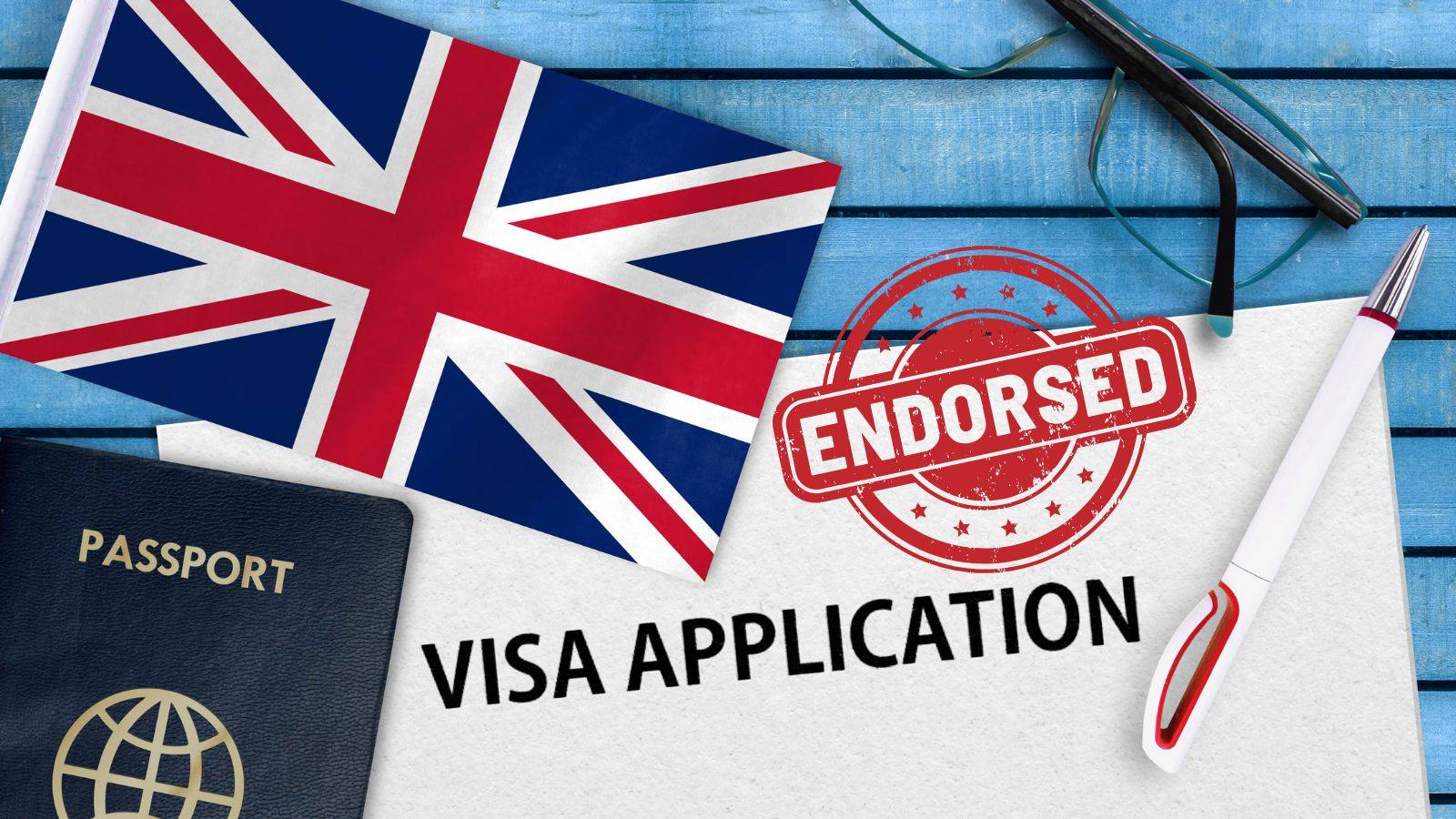UK flag with passport and endorsed stamp representing UK visa endorsement requirements 2025 approval process for Global Talent and Innovator Founder visas
