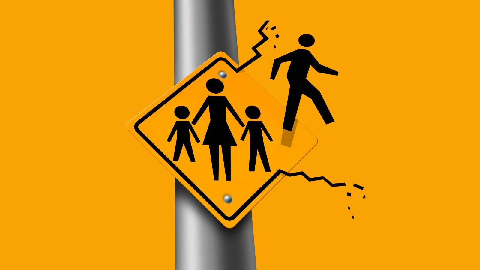 Orange warning sign showing absent parent leaving family representing parental responsibility absent parent UK 2025 legal issues