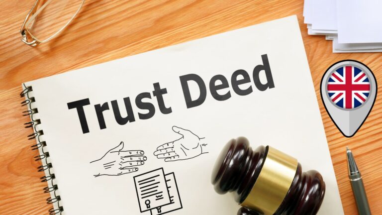 Trust deed document with legal gavel house keys and UK flag shield representing declaration of trust UK 2025 property ownership rights