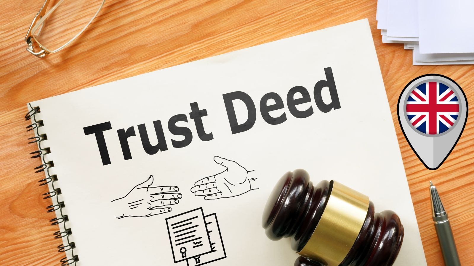 Trust deed document with legal gavel house keys and UK flag shield representing declaration of trust UK 2025 property ownership rights