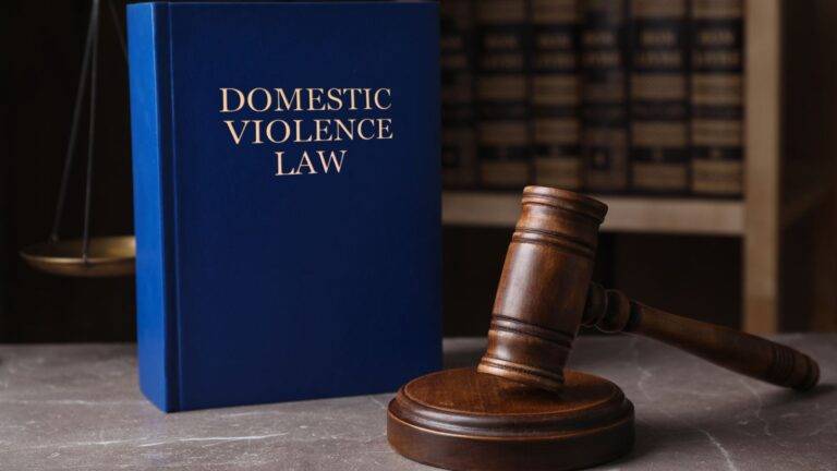 Domestic violence law book with gavel in legal library representing UK domestic violence immigration rights 2025 legal protections