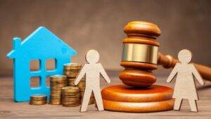 Wooden Couple Figures With House Model, Coins And Gavel Representing Matrimonial Non-Matrimonial Assets Divorce Uk 2025 Division Process