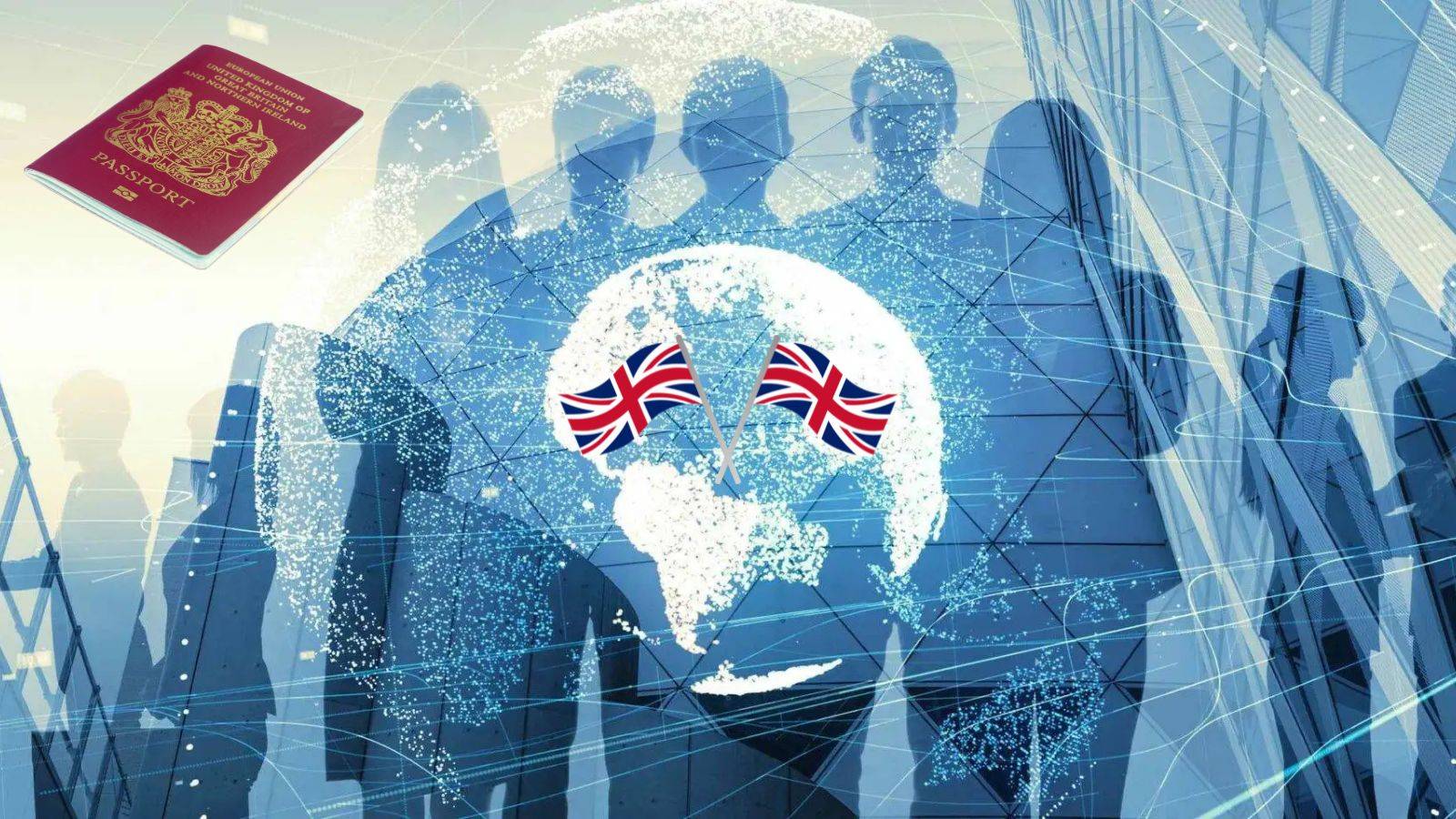 British passport with UK flags and global professional network representing global talent visa requirements 2025 immigration eligibility