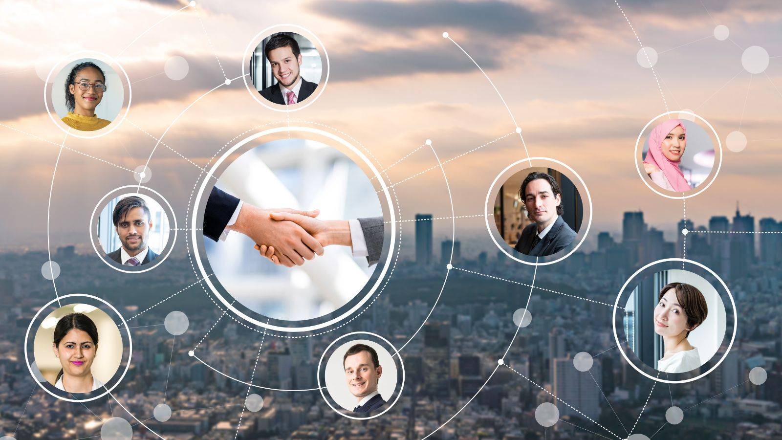 Global network of diverse professionals connected by lines with central handshake representing how UK employers sponsor overseas workers through specialized visa routes