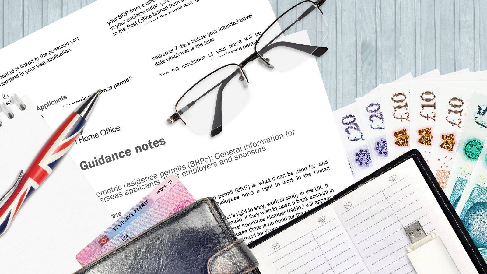 UK Biometric Residence Permit cards with Home Office guidance notes representing right to work checks UK 2025 employer verification requirements and eVisa digital transition