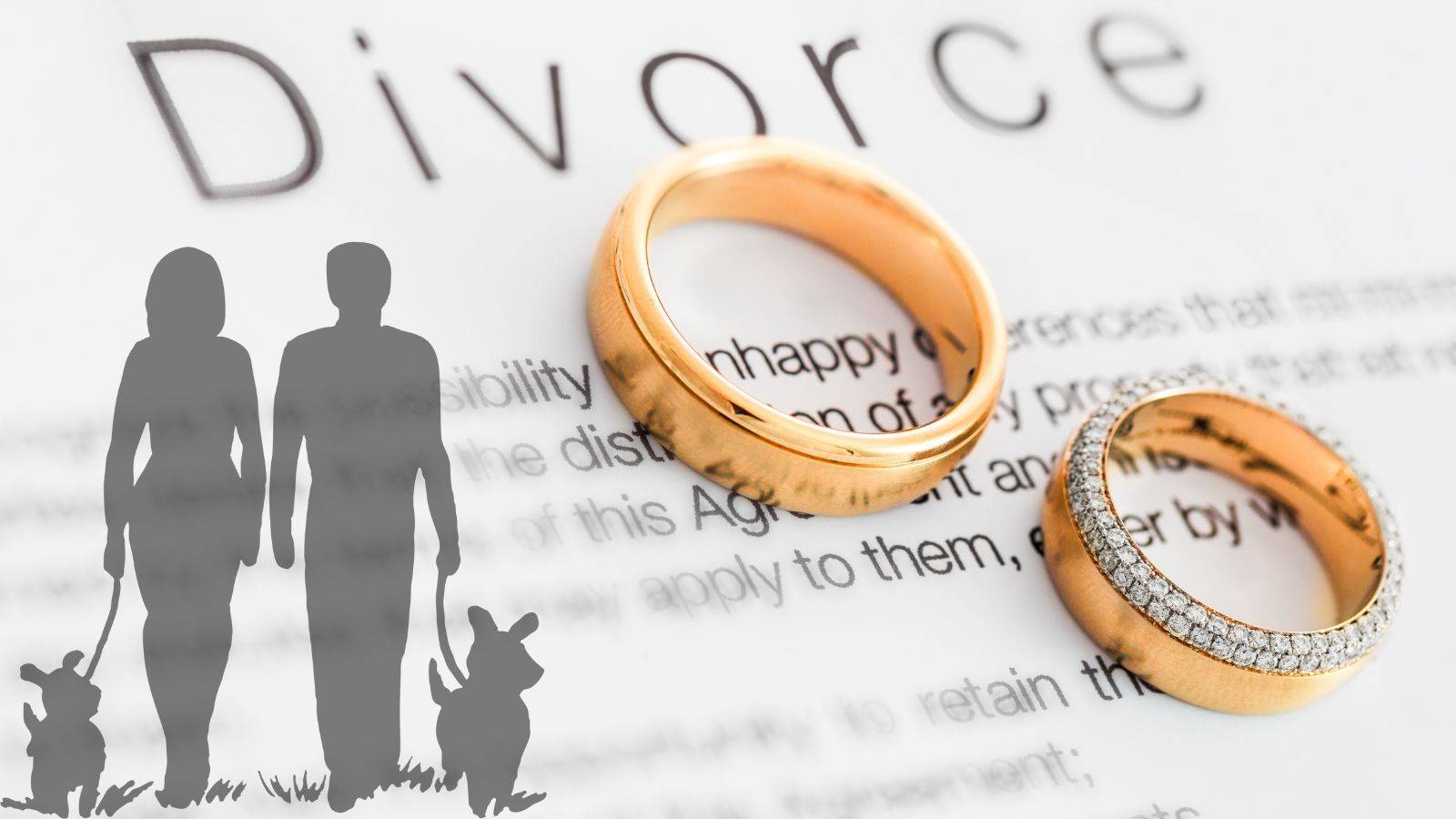 Divorce document with wedding rings and silhouettes of separating couple with dog and cat representing pet custody divorce UK 2025 legal arrangements and animal welfare considerations