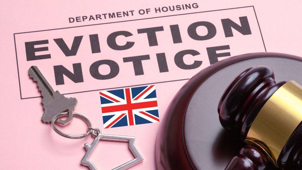 Eviction notice document with legal gavel house keys and UK flag representing section 21 abolition UK 2025 housing law reform