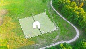 Property boundaries UK 2025 aerial view showing residential property with boundary survey markers and location pins demonstrating legal boundary definitions and dispute resolution surveying process