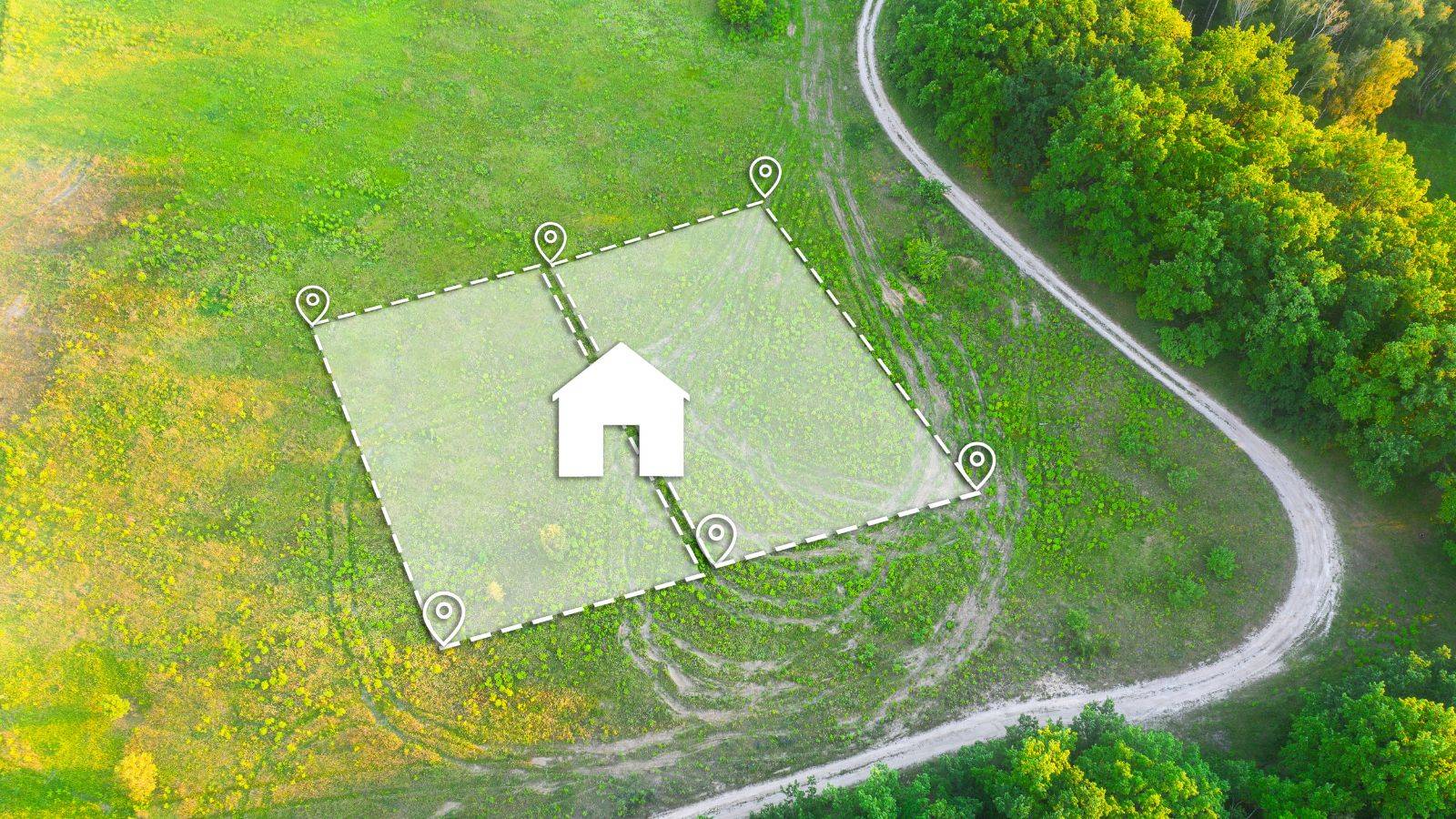 Property boundaries UK 2025 aerial view showing residential property with boundary survey markers and location pins demonstrating legal boundary definitions and dispute resolution surveying process