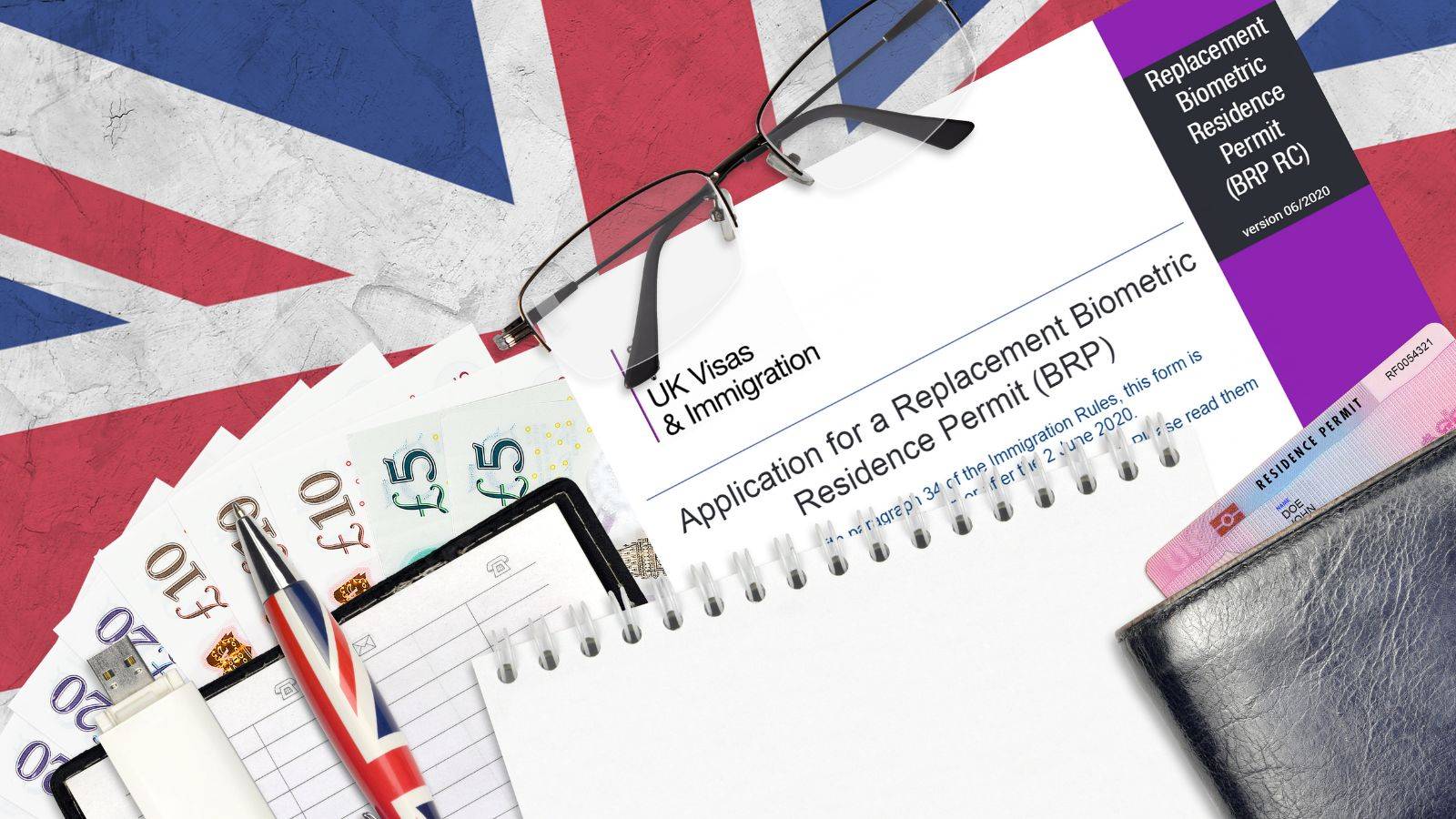 Home Office fees 2025 – UK immigration BRP application form with pound sterling notes and Union Jack