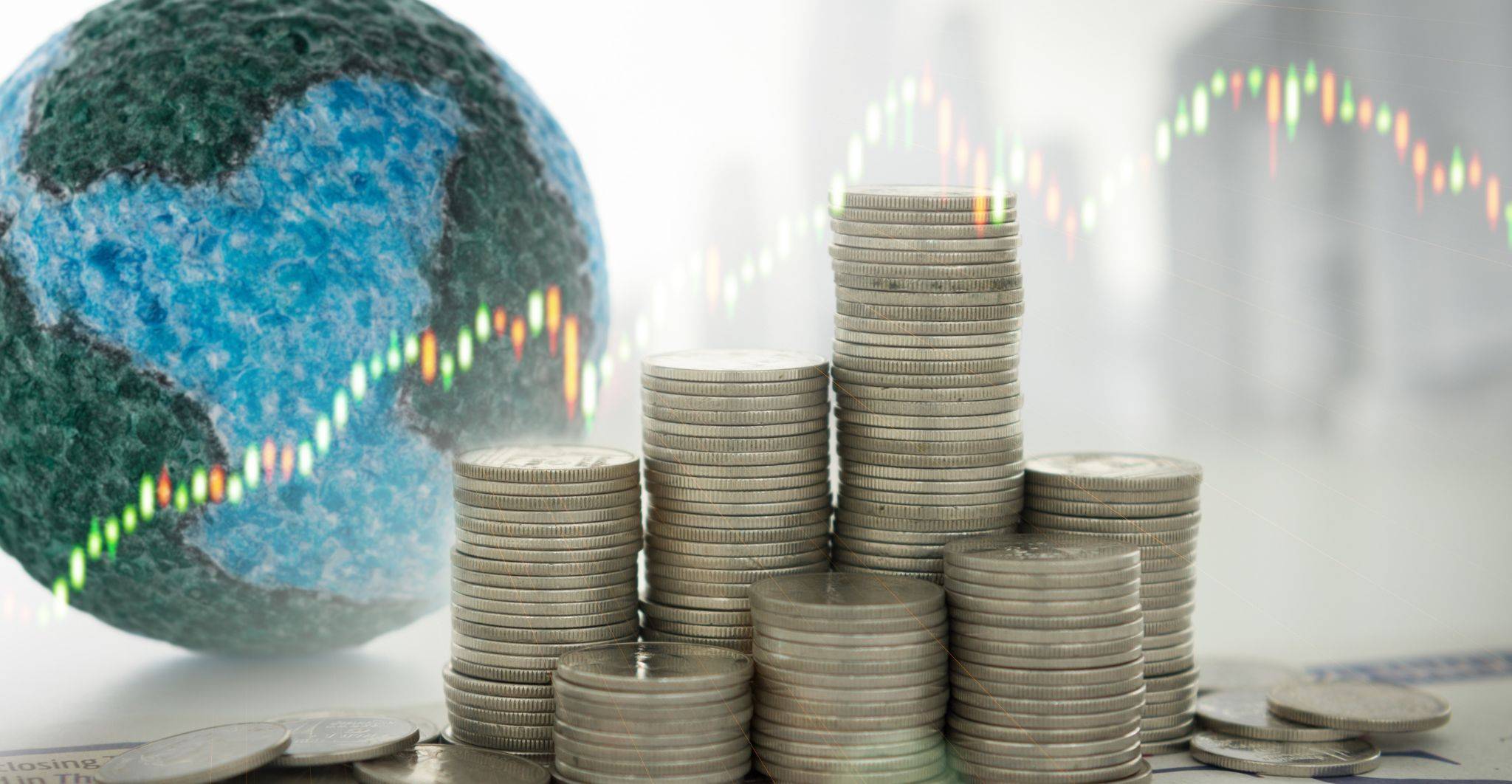 Bridge financing concept with global economy and coin stacks