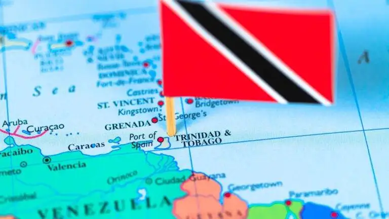 Caribbean map with Trinidad and Tobago flag pin showing geographic location for UK visa Trinidad Tobago 2025 travel requirements