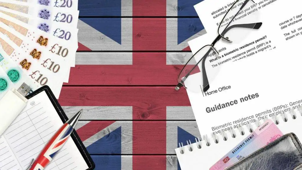 UK family visa application documents, British currency, residence permit, and Home Office guidance.