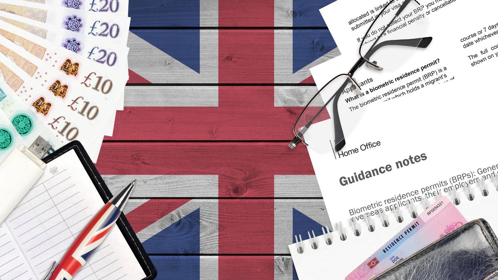 British pound notes and Union Jack flag with Home Office documents representing UK family visa solicitors 2025 services