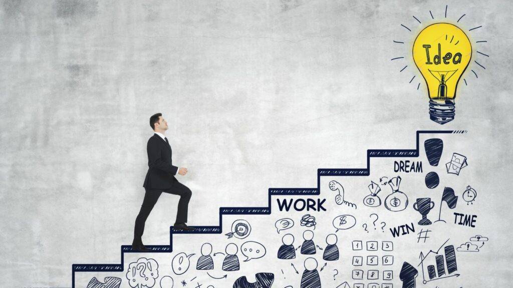 Professional businessman climbing career steps with lightbulb idea concept representing career advancement at Connaught Law