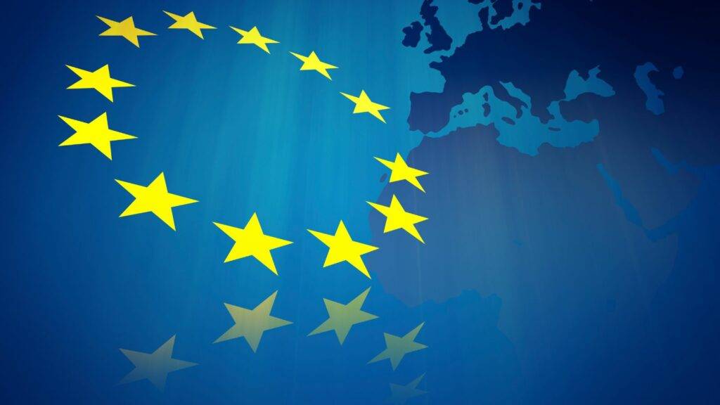 European Union stars over map of Europe – EU nationals immigration concept.
