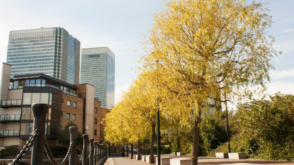 Canary Wharf buildings representing commercial property insurance commission zones in London