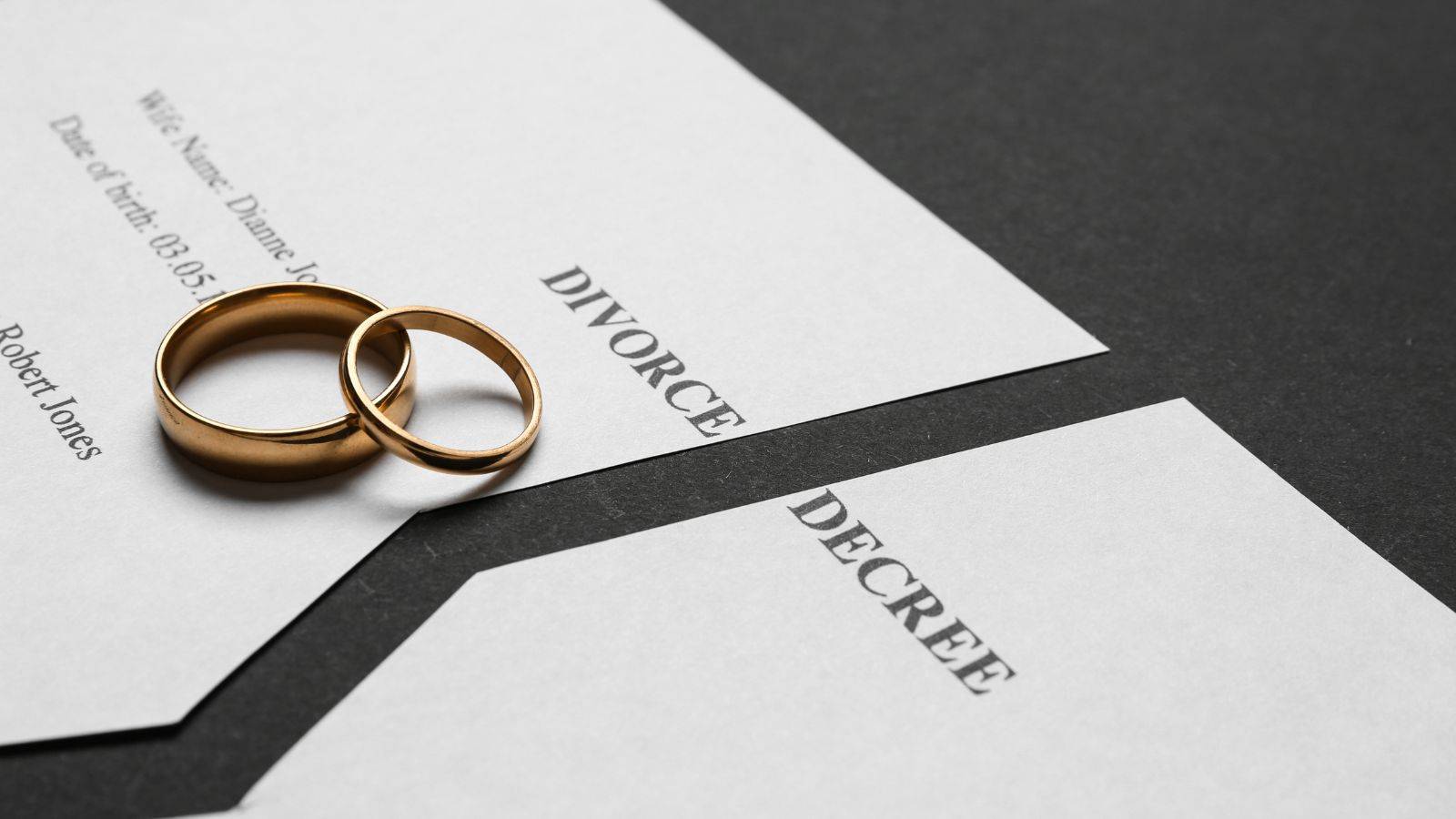 Divorce decree with two gold wedding rings – UK family law solicitors in London
