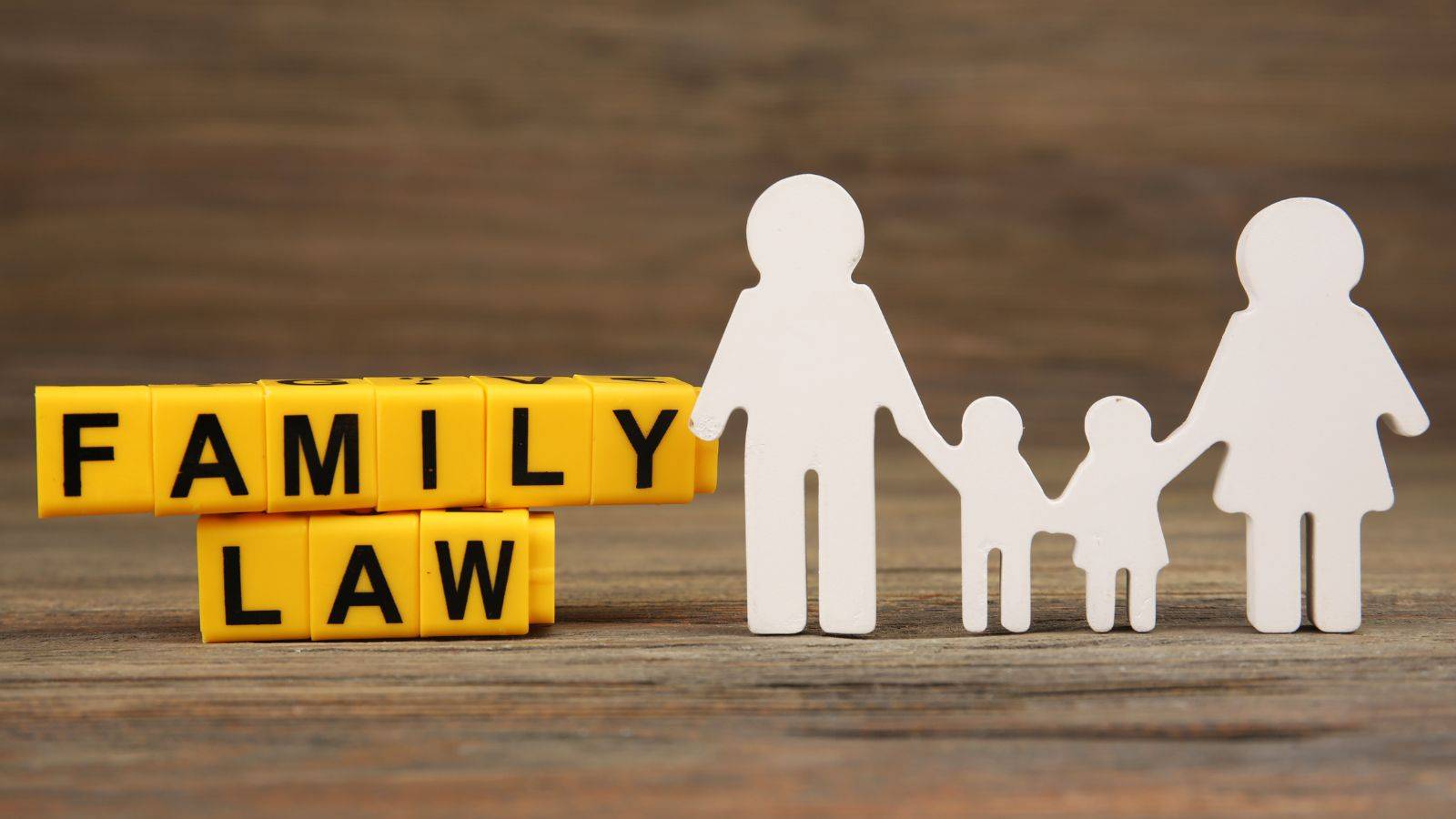 FAMILY LAW yellow text blocks with wooden family figures representing family law solicitors London expert divorce and child custody legal support
