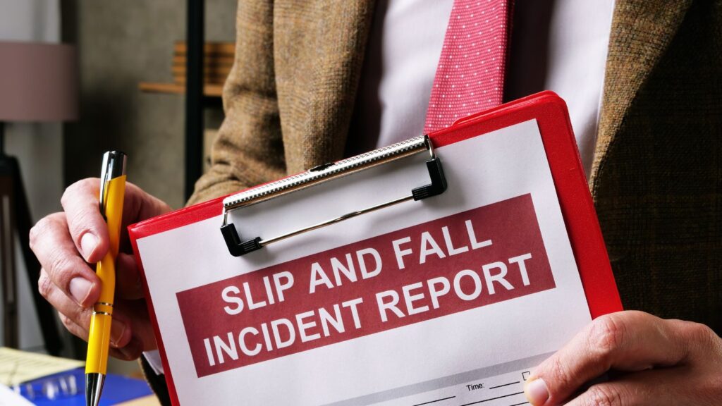 Professional hand holding clipboard with slip and fall incident report form representing slip and fall compensation calculator UK legal documentation process