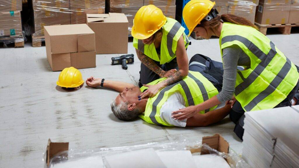 Workplace accident first aid response showing colleague assistance relevant to workplace accident compensation calculator UK 2025