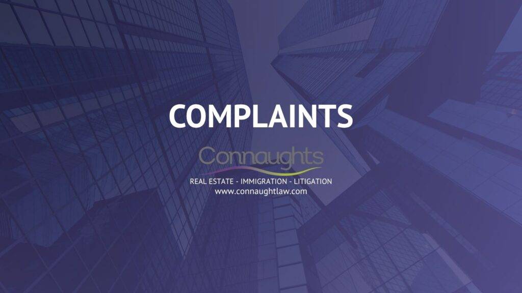 Complaints page header for Connaught Law Limited with logo and corporate building background representing SRA regulated complaints procedure and Legal Ombudsman escalation process