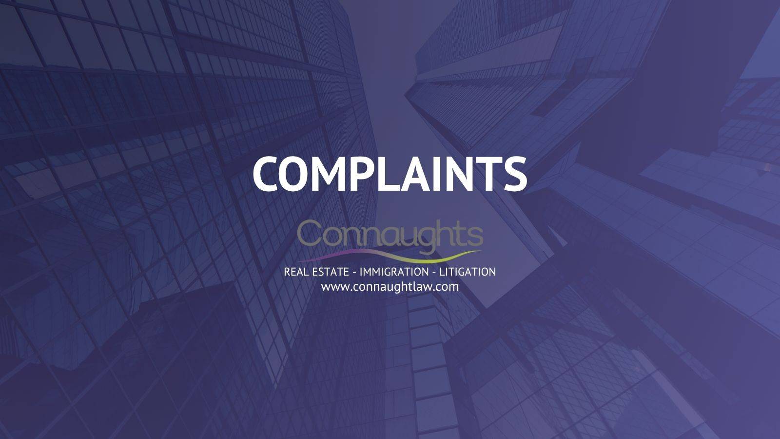 Complaints page header for Connaught Law Limited with logo and corporate building background representing SRA regulated complaints procedure and Legal Ombudsman escalation process