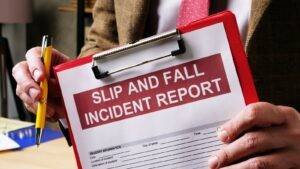 Professional holding clipboard with slip and fall incident report form representing UK slip and fall compensation UK 2025 legal documentation and premises liability claim procedures